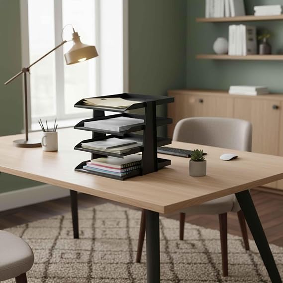 SteelLine 4 Katlı Metal Dosya Rafı - Masa Üstü Ultra Sağlam Ofis Organizer (29.5x30.5x25cm) (Siyah)