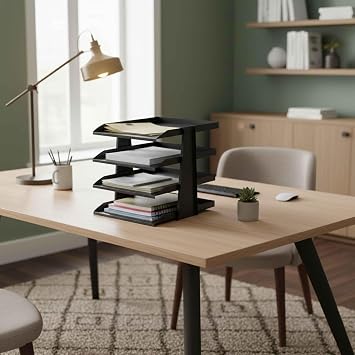 SteelLine 4 Katlı Metal Dosya Rafı - Masa Üstü Ultra Sağlam Ofis Organizer (29.5x30.5x25cm) (Siyah)