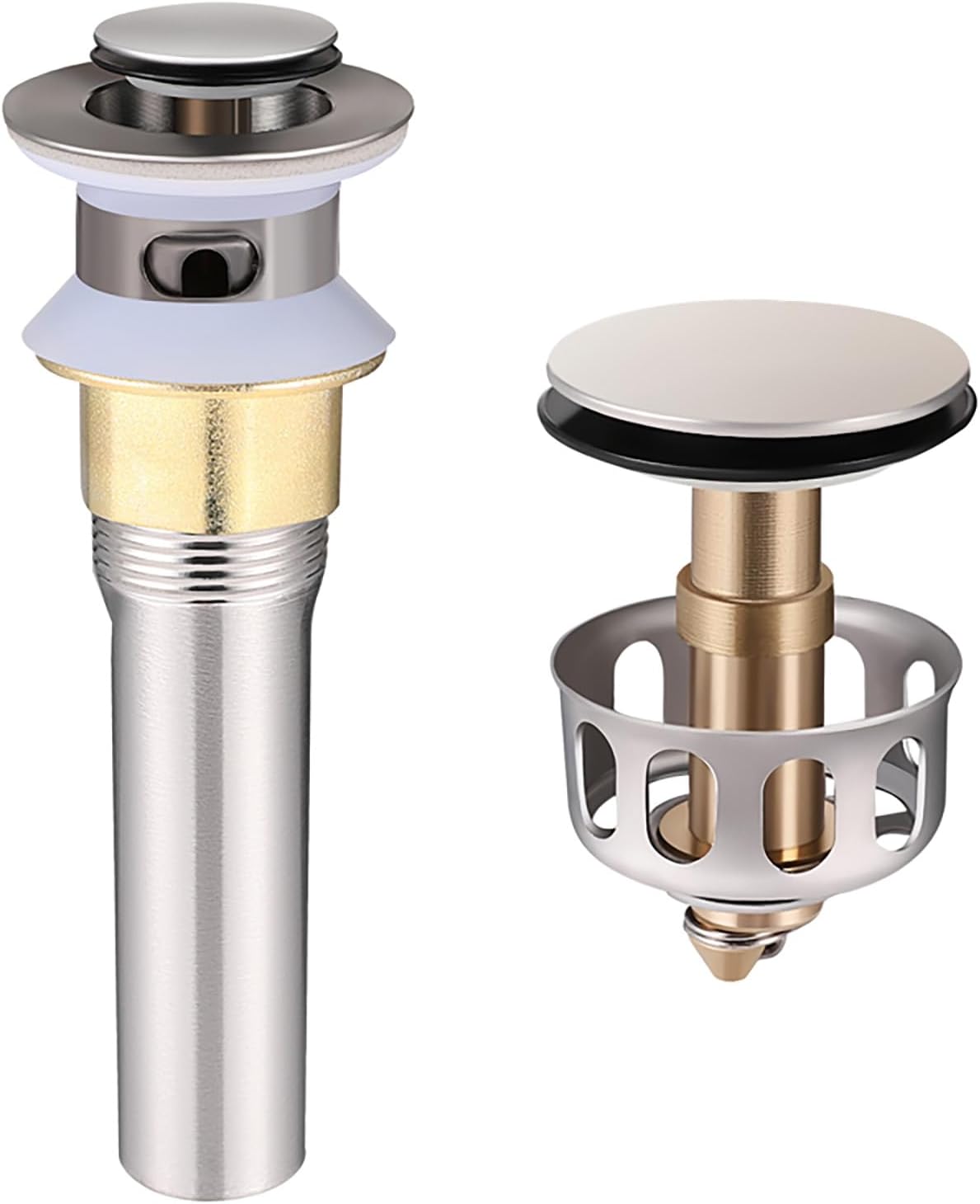 Bathroom Sink Pop Up Drain with Overflow, Stainless Steel Sink Drain Strainer with Built-in Anti-Clogging Strainer Basket, Sink Drain Stopper Fits Standard American Drain Hole