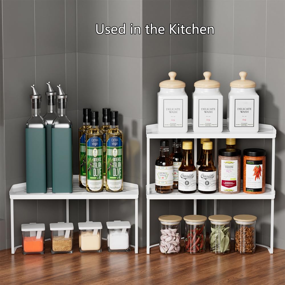 Impilabile Cucina Organizer,Metallo Organizzatori da Cucina con tappetino antiscivolo,multifunzionale Organizer Bagno,per cucina/bagno/piano tavolo/credenza. (1, Bianco)