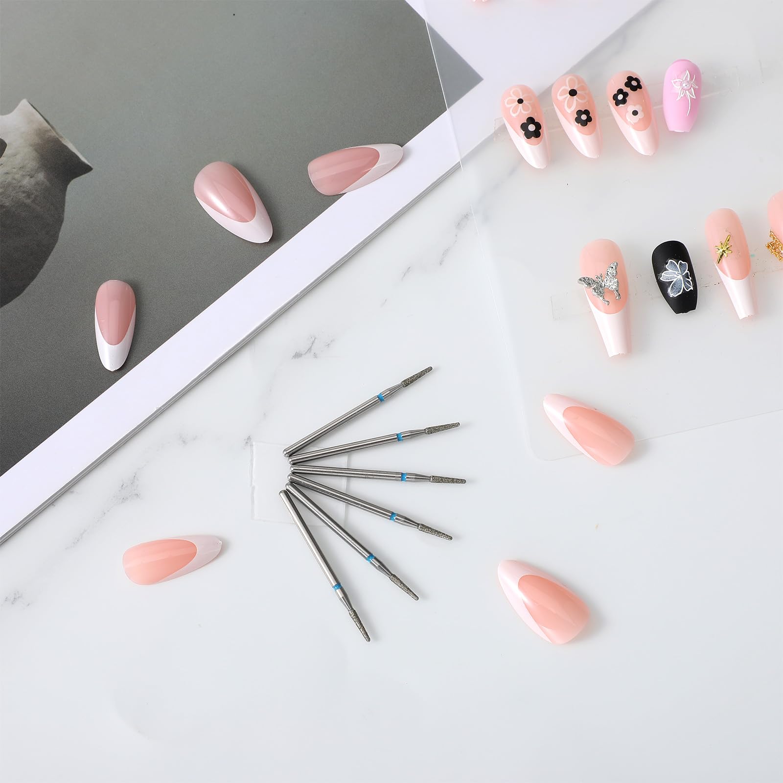 6 punte per cuticole, fresa per unghie riutilizzabili, con astuccio, fresa per cuticole diamantate, strumento professionale per la pulizia delle cuticole, grana media per la cura dei piedi