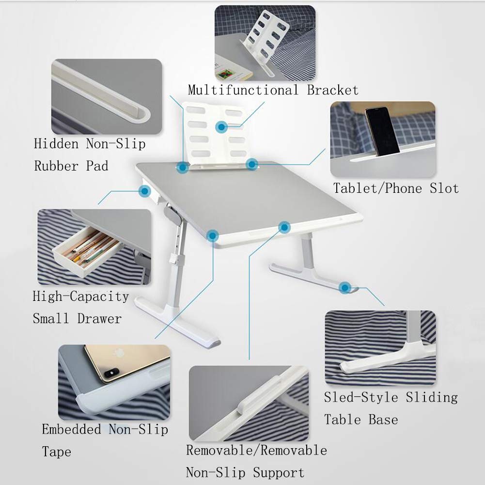 Table De Lit Compacte Et Légère pour PC Portable,Table D'ordinateur Portable Réglable,Table Ordinateur Portable Lit,pour Canapé, Livre, Magazine Et Petit Déjeuner