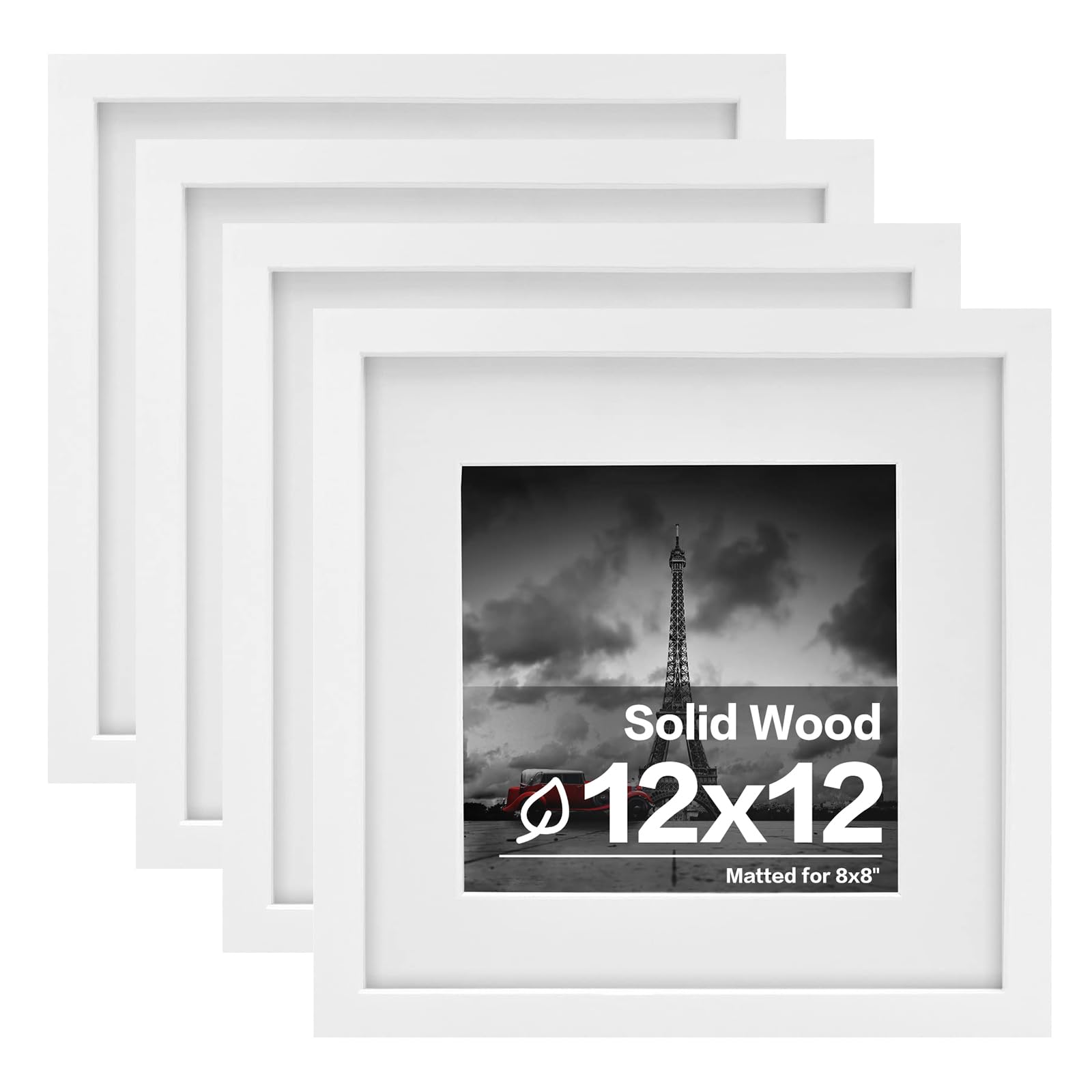 Egofine 12x12 Picture Frames White, Wood Frames with HD Plexiglass for Pictures 8x8 with Mat or 12x12 without Mat, Wall Mounting Display, Set of 4