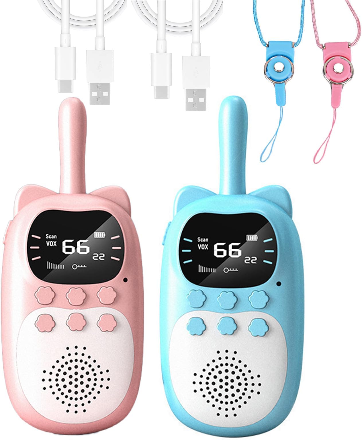 MOSHOU Rechargeable Walkie Talkies for Kids Long Range with Flashlight, Handheld Walki Talkies with Wearable Lanyard & Back Clip for Outdoor Camping Games,Toys Gifts for Boys Girls Kids (Blue+Pink)