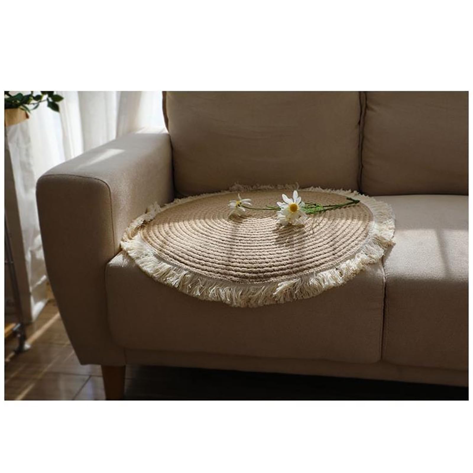 Okrągły Dywan, BawełNiano-Lniany Tkany Frędzel Naturalny Pleciony Boho OkrąGły Dywanik Do Wystroju Domu do Sypialni, Salonu, Pokoju Zabaw,Brown,45cm