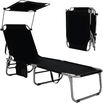 GYMAX Lounge Chair Outdoor with Canopy, 330LBS Portable Tanning Chair with Adjustable Backrest, Carry Straps & Side Pockets, Sunbathing Beach Chairs for Outside, Patio, Poolside, Backyard 1, Black