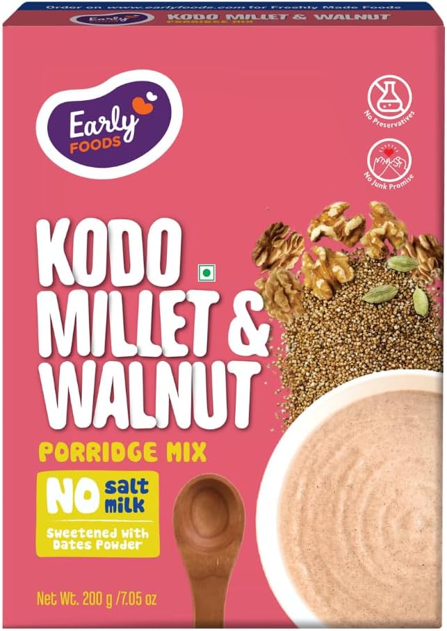 Early Foods - No Added Sugar No Salt Porridge - Kodo Millet Cereal with Walnuts Porridge Mix | Kids Cereal | Cooks in 5 Mins | No Preservatives | No Milk Powder 200g