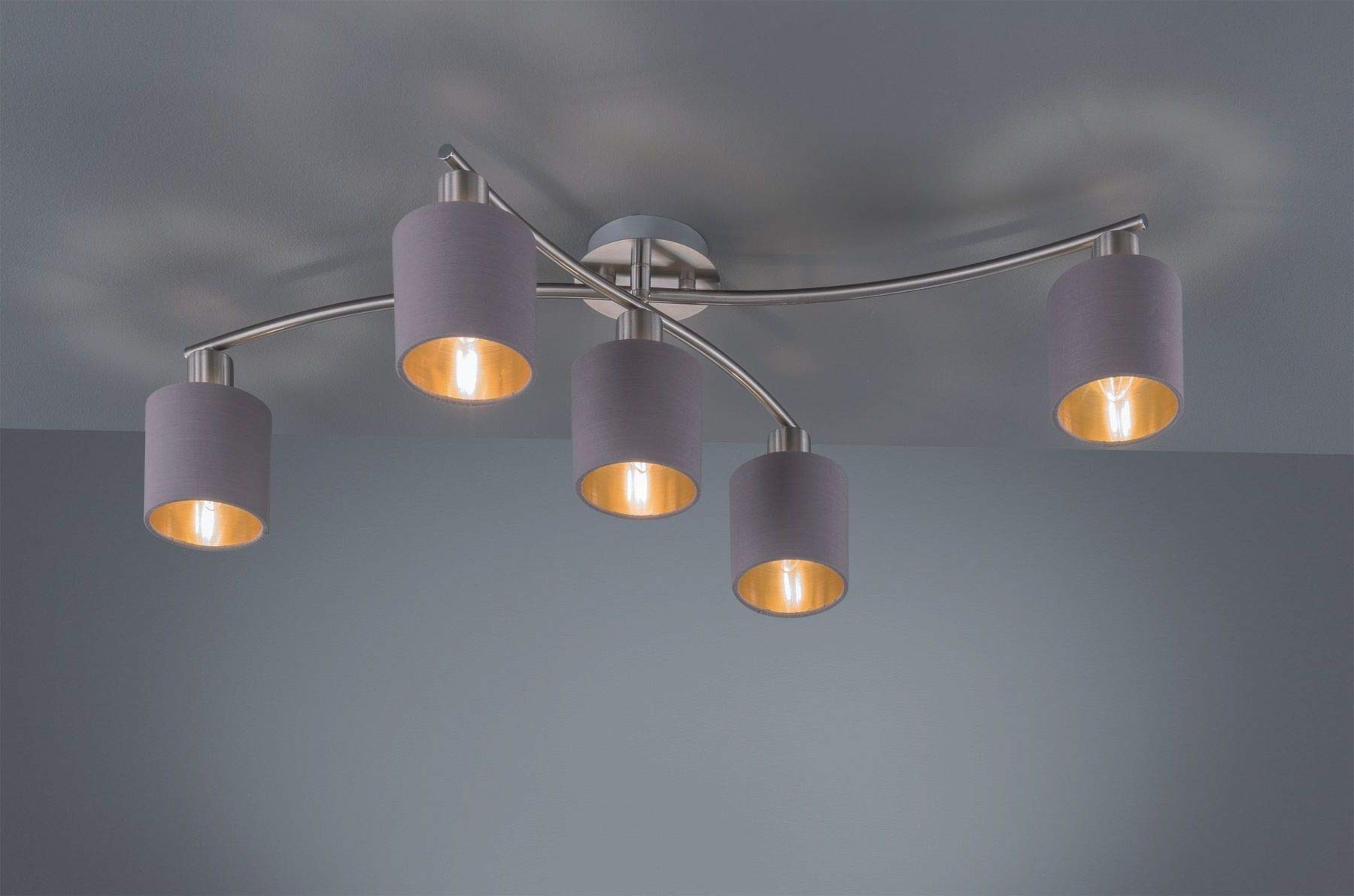 Trio Leuchten Garda 605400541 Garda Deckenleuchte, Metall, Nickel Matt, E14, Stoffschirm, Deckenleuchte Braungrau / Gold