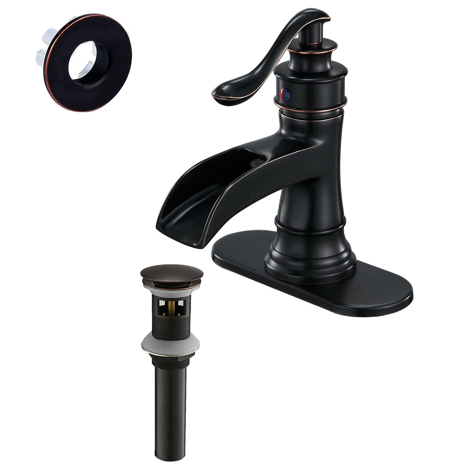 Sxithgkdw Bronze Bathroom Faucet Oil Rubbed Waterfall Single Handle Single Hole Lavatory Faucet Bundle Sink Overflow Hole Cover Trim Insert In Hole And Pop Up Drain With Overflow