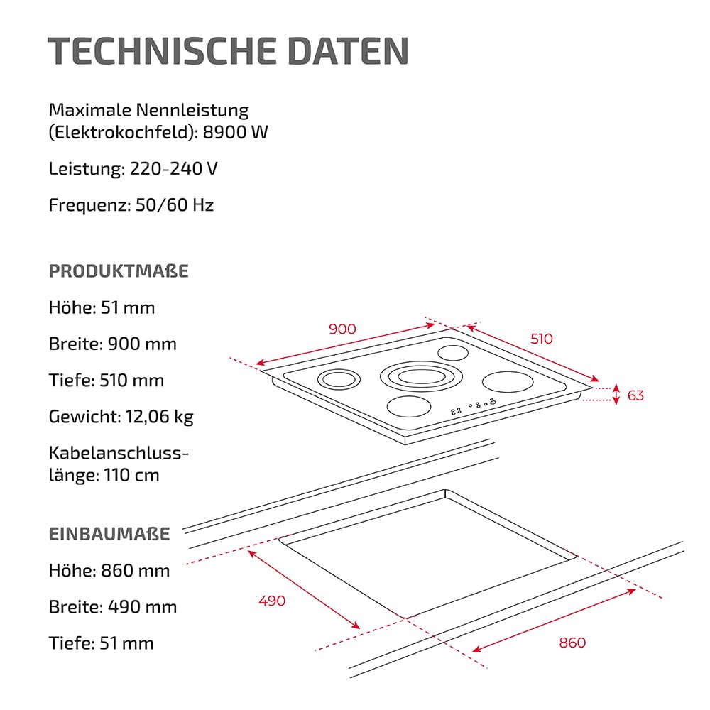 TEKA Elektro-Kochfeld mit 5 Kochzonen, modernes Glaskeramikkochfeld mit Ankochautomatik, Sensorbedienung und Kindersicherung, eleganter Facettenschliff – 90 cm