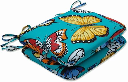 Pillow Perfect Cojines de asiento de esquina redonda turquesa para exteriores e interiores, diseño de mariposas, 18.5 x 15.5 pulgadas, color azul, 2