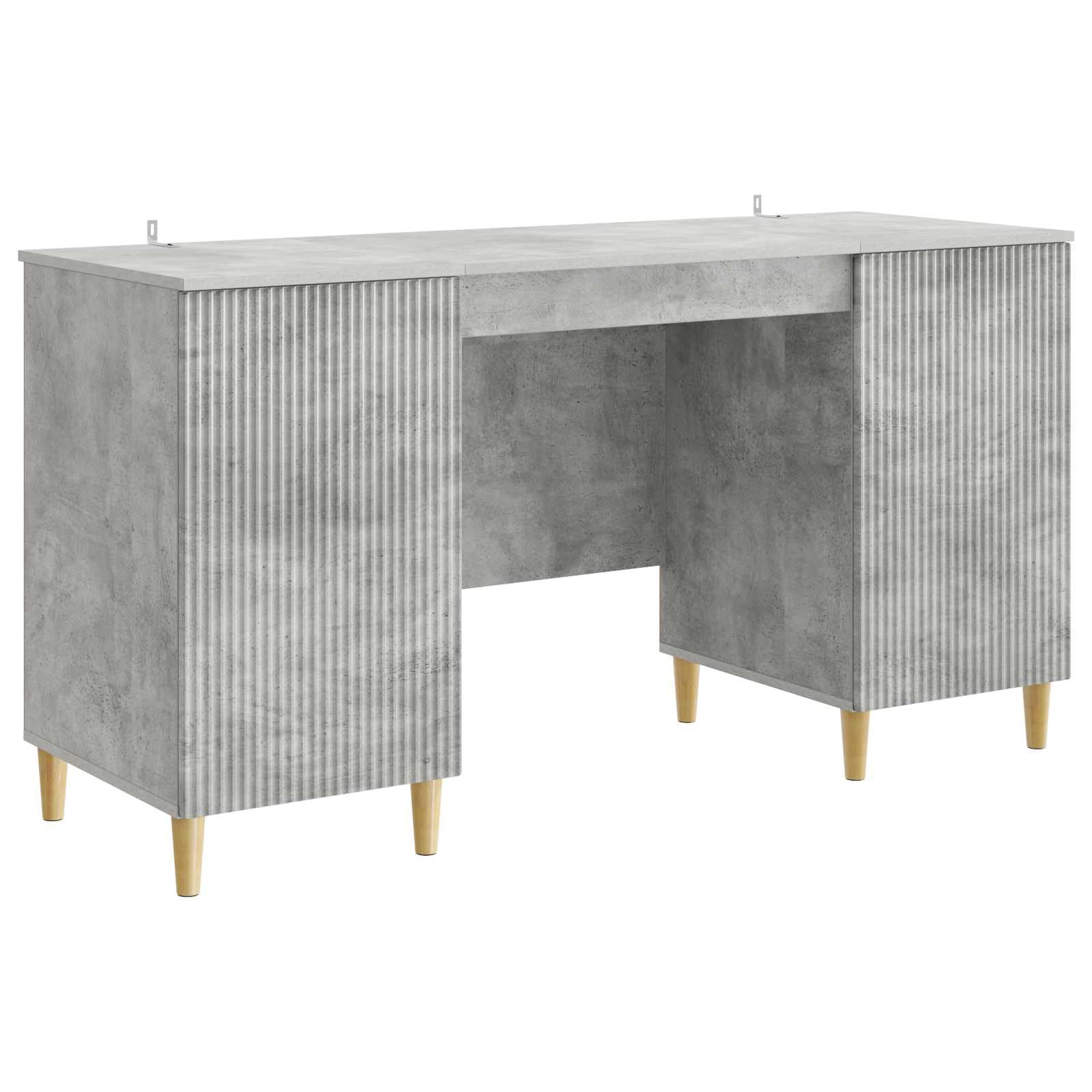 Bureau en bois gris béton 142cm avec étagères et porte de rangement pour ordinateur