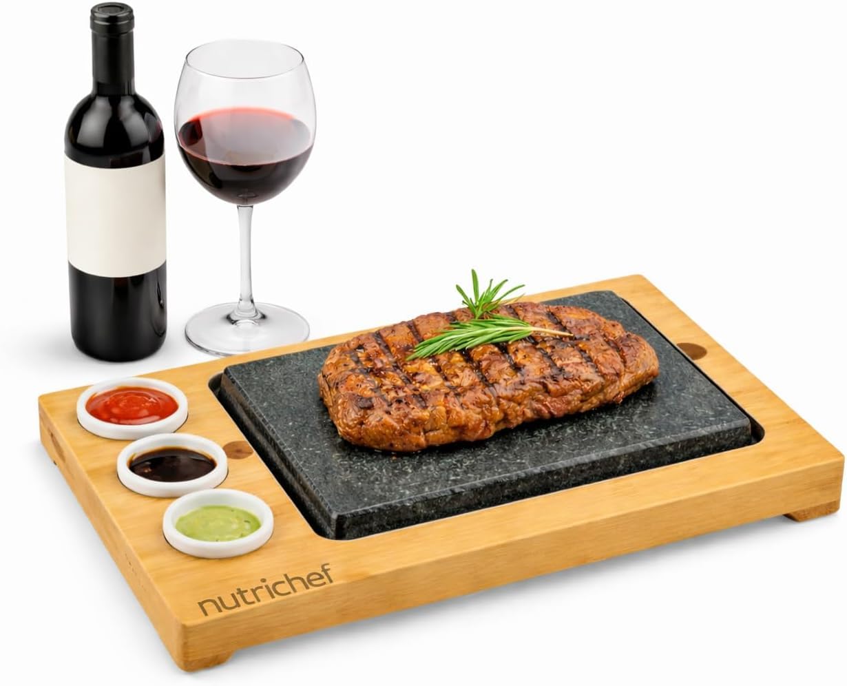 NutriChef Steak Stone Grill, Hot Stone Steak Set, with Bamboo Platter, Stainless Steel Tray and Ceramic Sauce Bowls, Good for Indoor Outdoor Dining, Cooking, Parties and Gifts