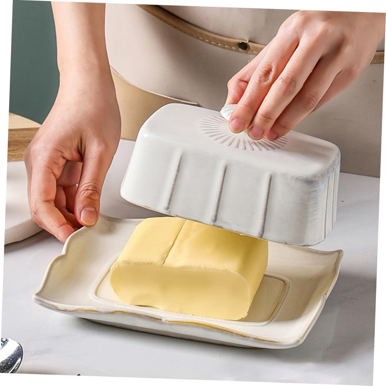 Beurrier en Céramique Blanc Couvercle, 1 Set pour Rangement