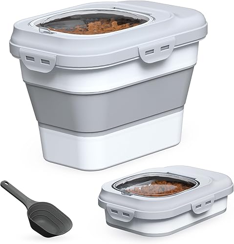 Contenedor de almacenamiento de comida para perros, pequeño, de 10 a 13 libras, plegable, para perros y gatos, con tapa abatible transparente