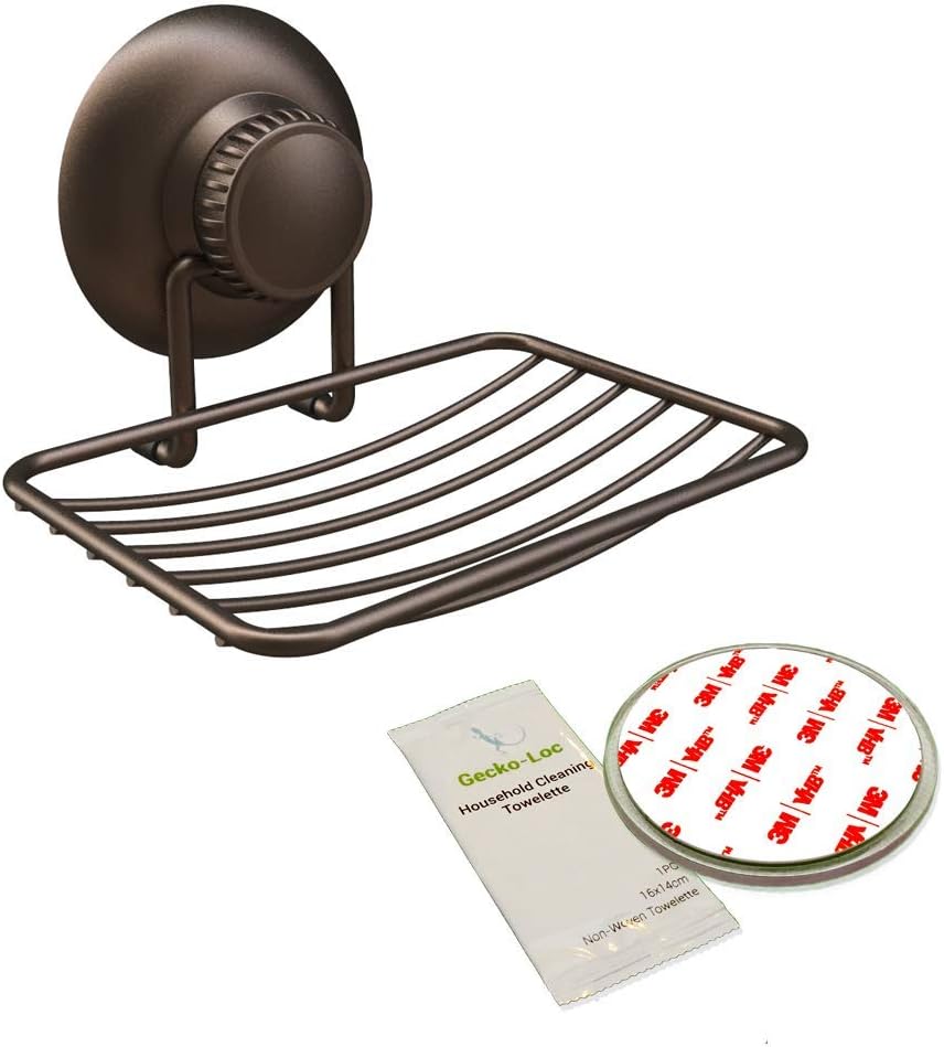 Gecko-Loc Soap Dish Suction mounting Bath soap bar Holder for Bathroom, Metal Bath Shower Bathtub Wall Tile or Kitchen Sink soap or Sponge Dishes - Bronze