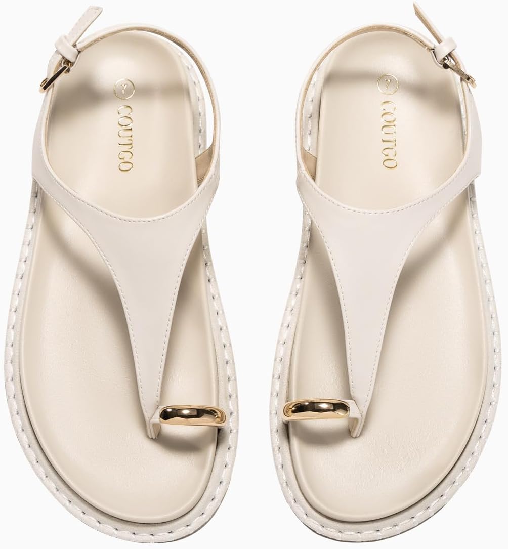 Coutgo Womens Toe Ring Flat Sandals Comfortable Flip Flops T Strap Footbed Sandals Ankle Strap Summer Beach Shoes - Image 4