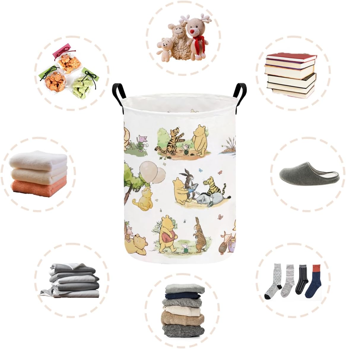 Greatingreat Winnie Baby Laundry Basket, Foldable Small Hamper with Canvas & PE Coating, Collapsible Portable Clothes Organizer for Nursery, Home, Bedroom Storage (White)