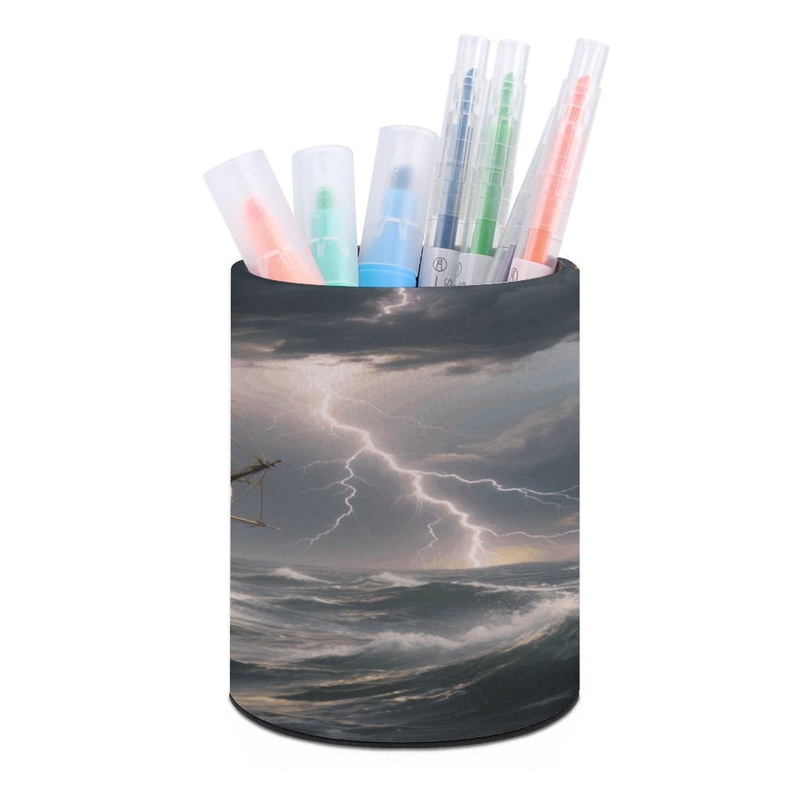 VstaDank Sailing Ship in Stormy Sea Pen Holder for Desk Makeup Brush Holders Stylish Pen Cup Cute Pencil Cup Round Pencil Holder Decor Brush Scissor Holders for Multifunctional Office Supplies