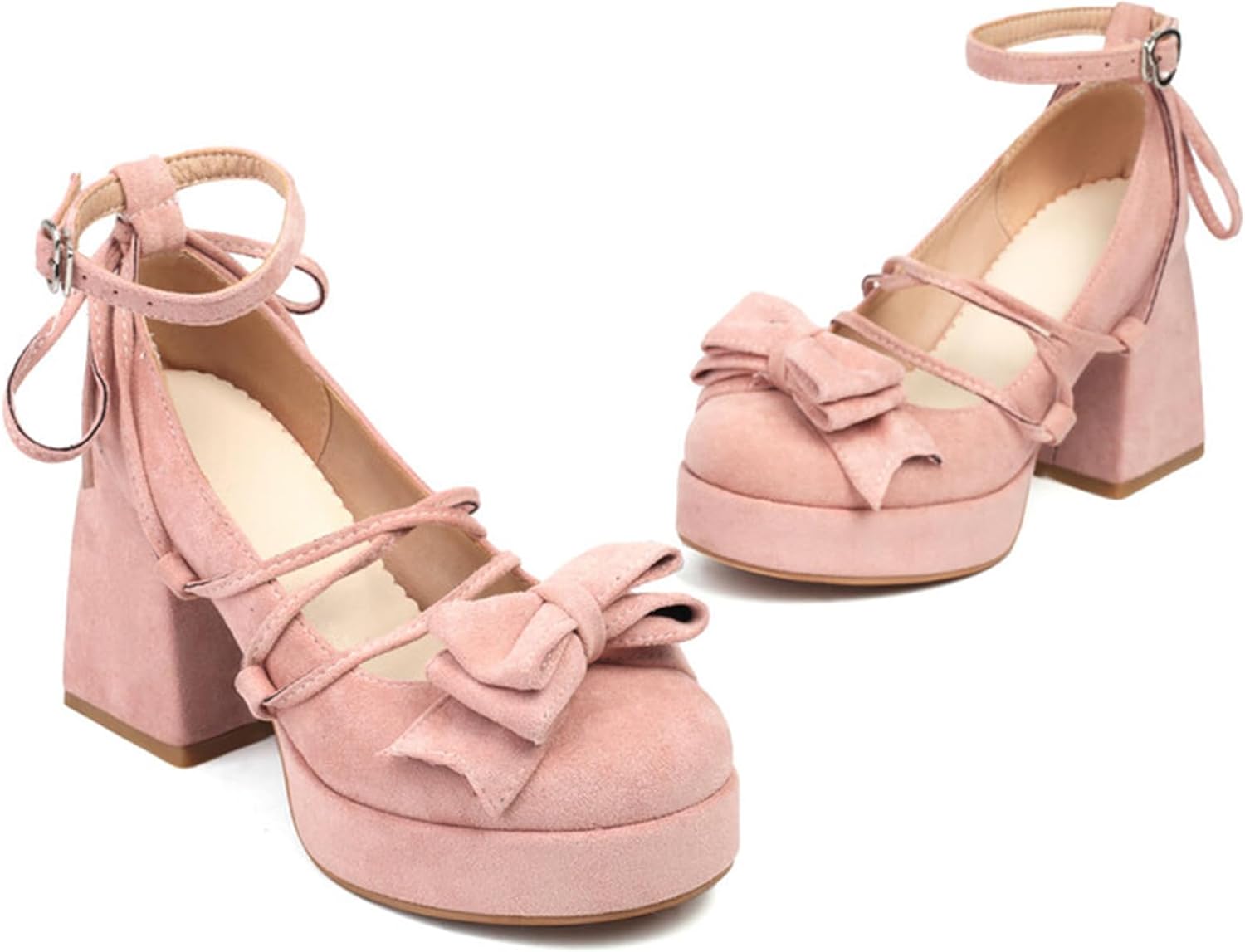 Alyaafifa Chunky Heel Bow Pumps for Women Platform High Heel Mary Janes Closed Round Toe Ankle Strap Leather Suede Dressy Shoes Party Evening Wedding Prom Business