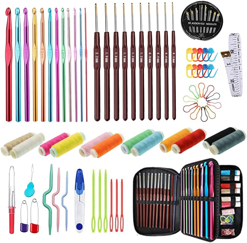 22PCS Crochet Hooks Set Sewing Project Kits, Aluminum Crochet Hooks & Lace Crochet Hooks with Accessories
