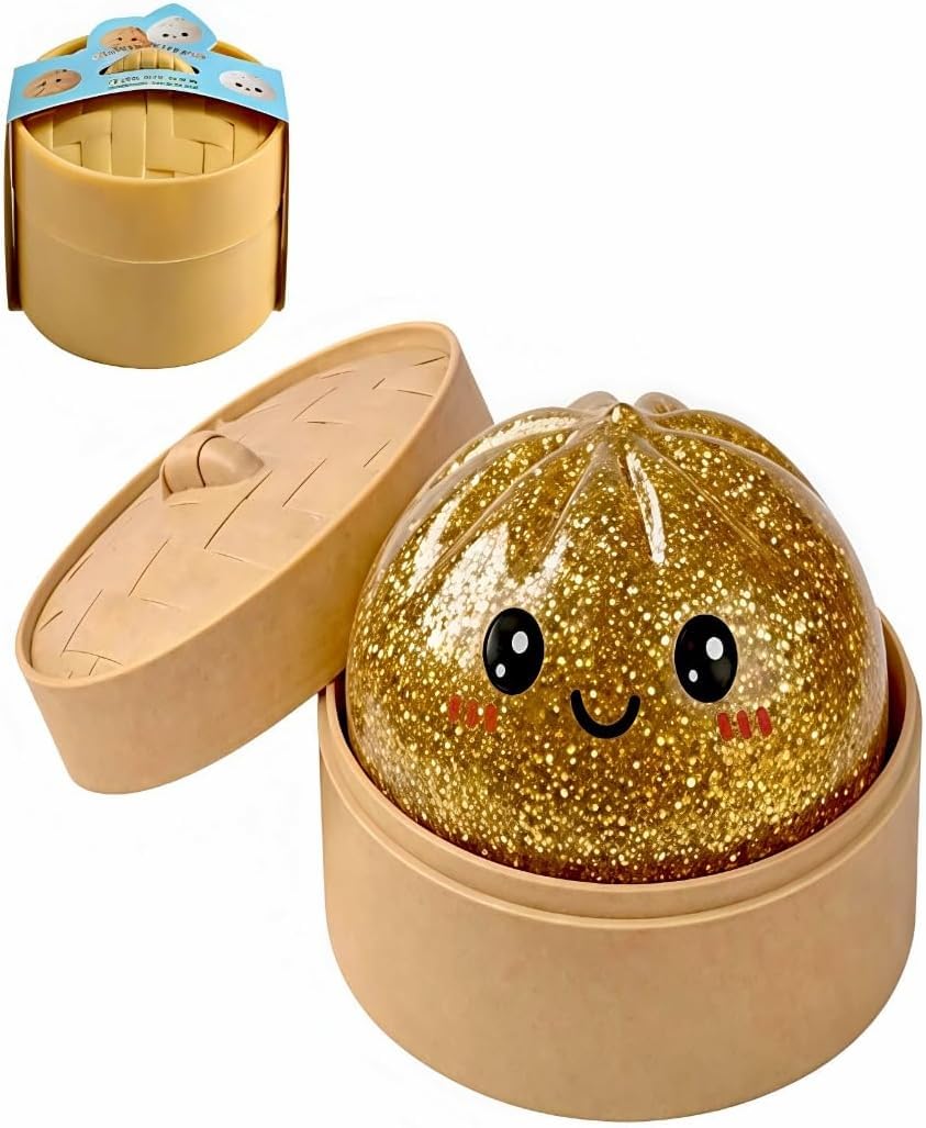Giant Dumpling Squishy with Steamer Box, Slow-Rebound Fidget Toy 3.94in，Gold
