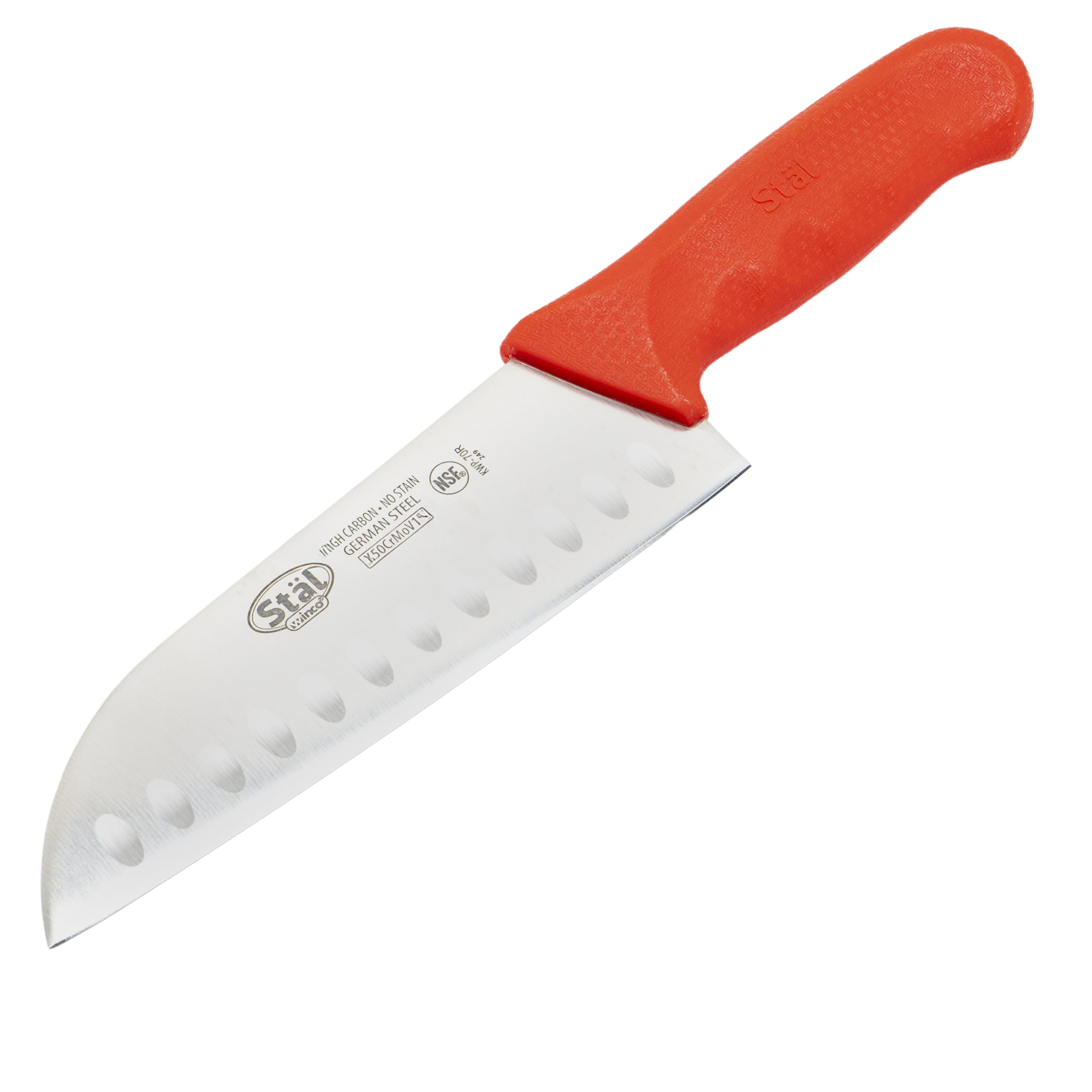 Winco KWP-70 Stäl Stamped Cutlery Santoku Knife 7" Stainless Steel Blade, Hollow Granton Edge, Plastic Handle 7" Red KWP-70R