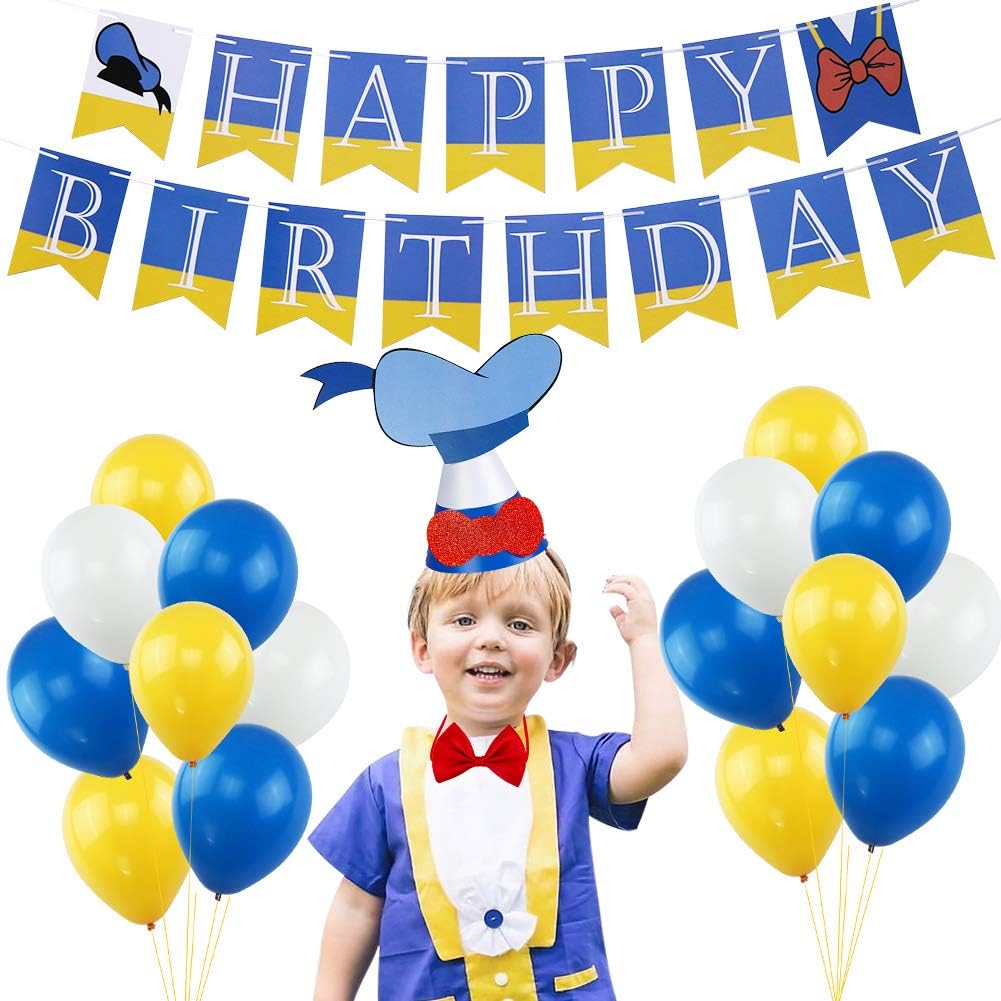 Donald Duck Happy Birthday Banner Party Decorations Set, Donald Duck Bunting Banner Bow Tie Hat Latex Balloons for Baby Shower Photo Props Kids Birthday Party Supplies