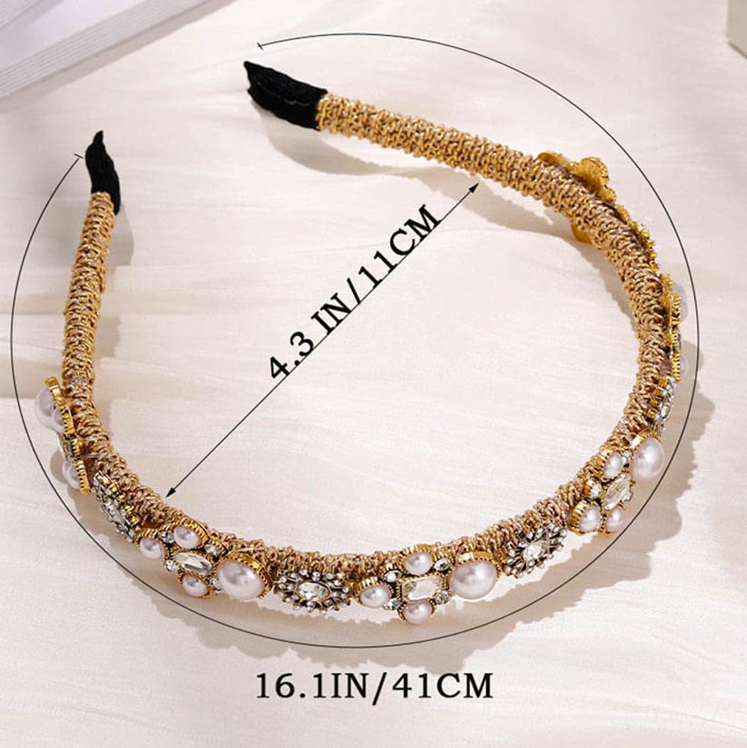 Sinalty Gold Jeweled Headbands Pearls Rhinestones Baroque Hair Bands Crystal Hair Hoop with Beaded Hair Ties for Women (Fashion)