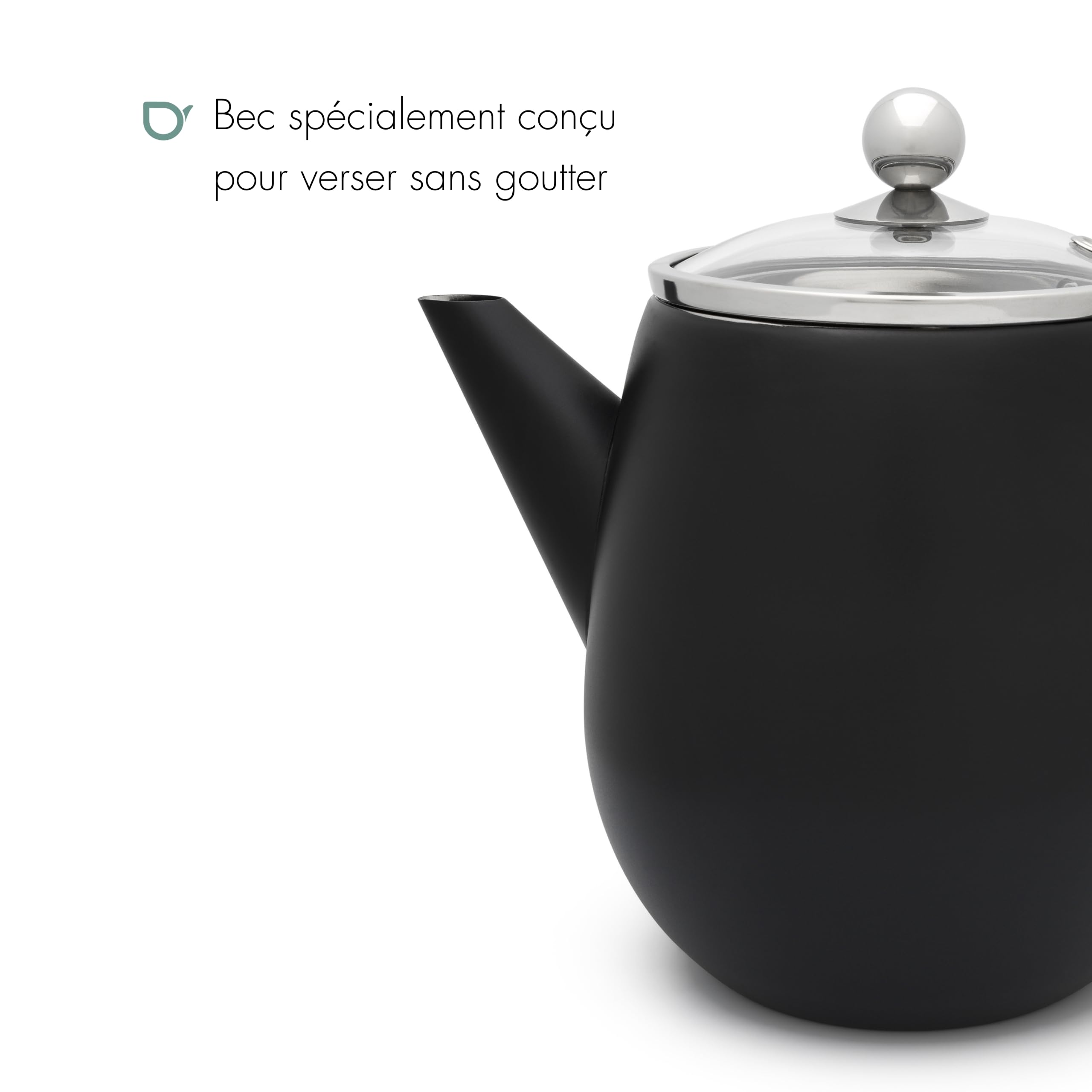 Bredemeijer Theiere Avec Infuseur, Filtre à Thé Inox, 1,1 Litres - Noir | Théière avec Infuseur Double Paroi, Théière Isotherme 1h, Couvercle en Verre, Filtre à Thé et Bec Anti-Goutte