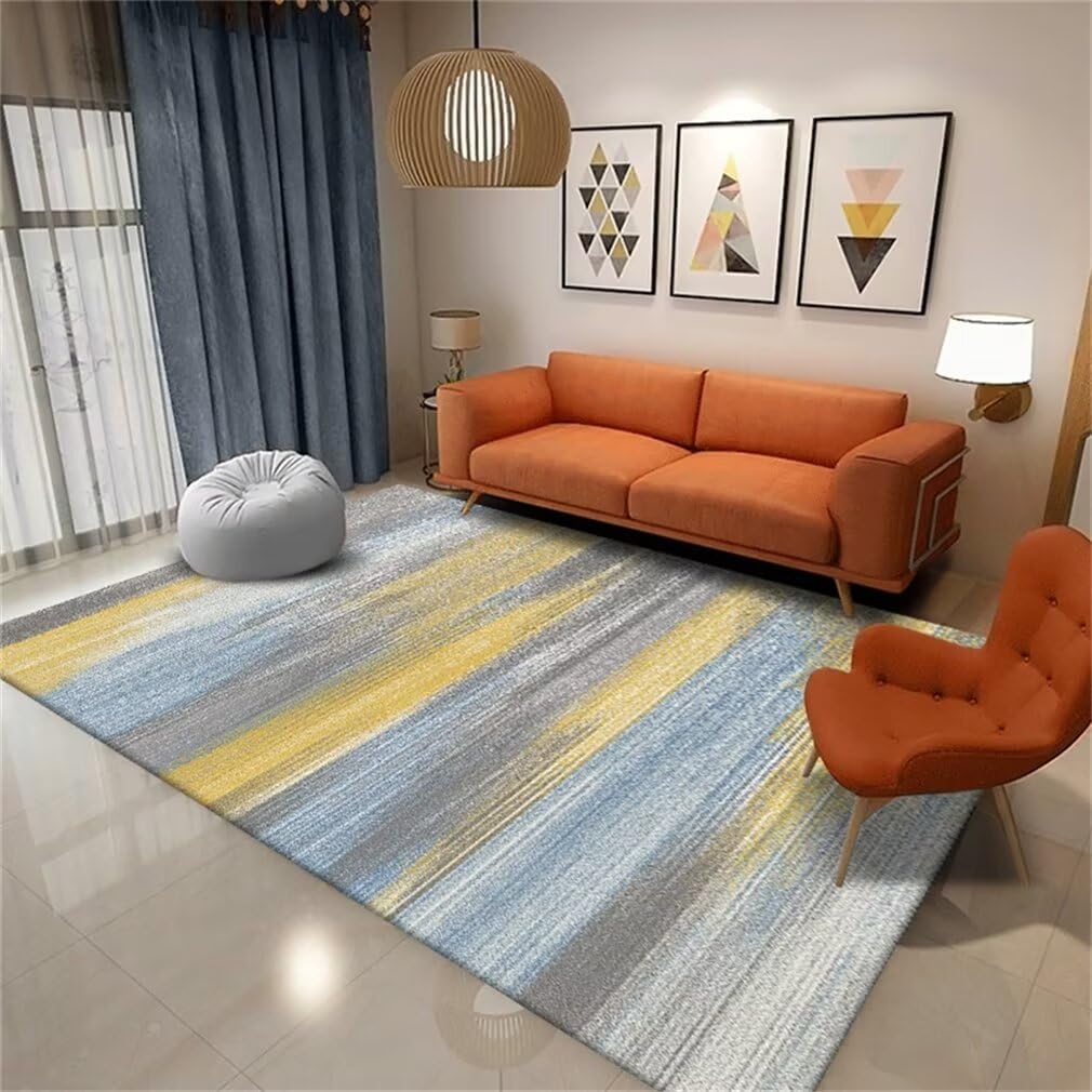 Tapis de chambre ado garçon bleu jaune 50x80 - Tapis salon lavable et doux design abstrait