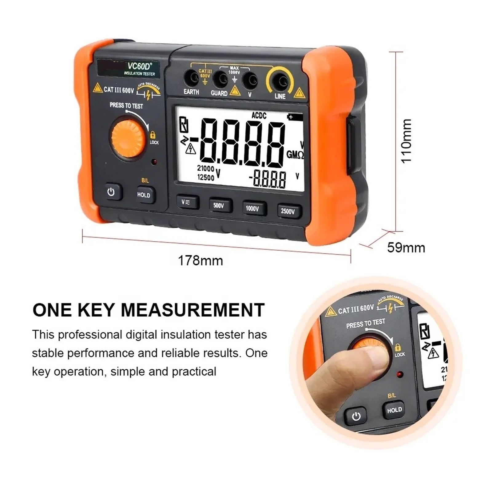 Medidor de Resistencia, Probador de aislamiento de alto voltaje 60D+ 2500V, megóhmetro digital de 50GΩ, medidor de ohmios