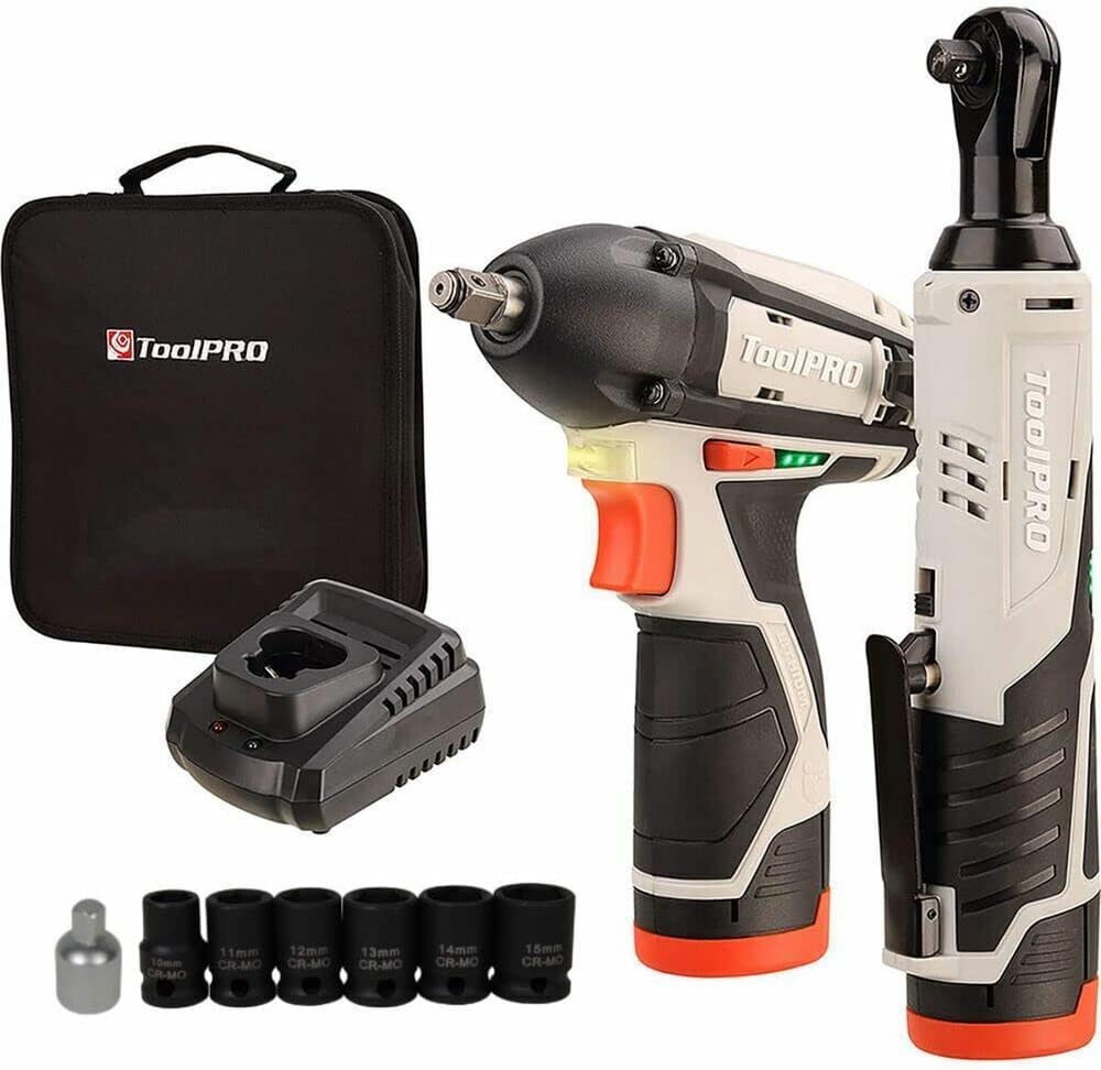 ToolPRO 12V Cordless Mechanics Power Tool Kit Impact Wrench & Ratchet