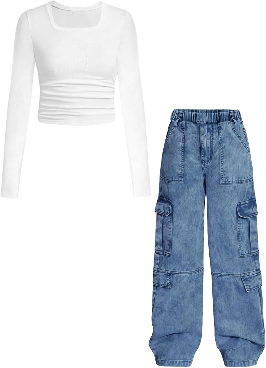 Tween Girls Clothes 2 Piece Long Sleeve Top + Denim Cargo Pants, Teen Girls Fall Clothing Set, Sizes 5-12 Years