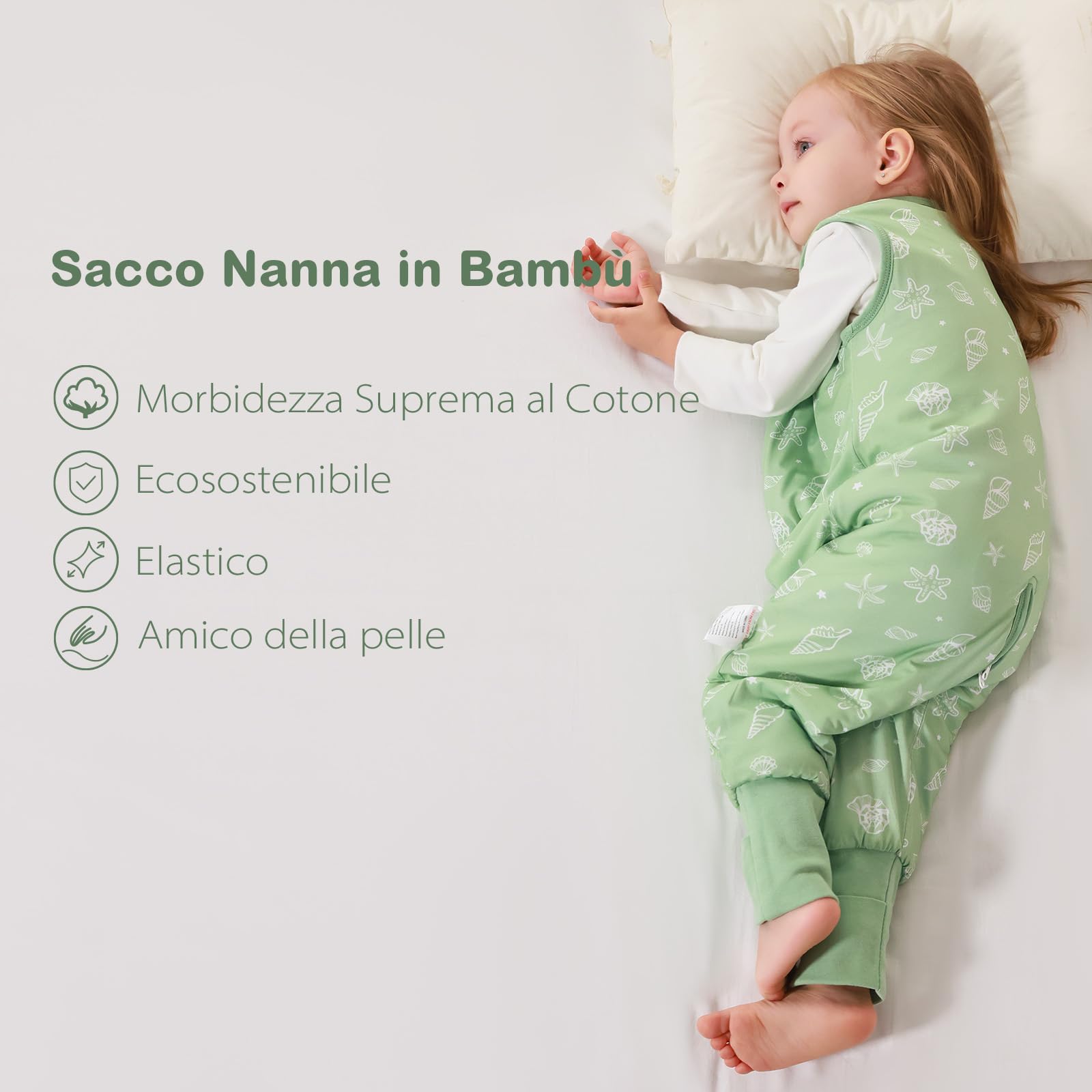 ToyaTec Sacco nanna con piedi, 2,5 Tog, super morbido, realizzato in rayon di bambù, per bambini, in fibra di bambù, per l'inverno, per l'autunno e l'inverno (verde, 100cm (3-5 Jahre))