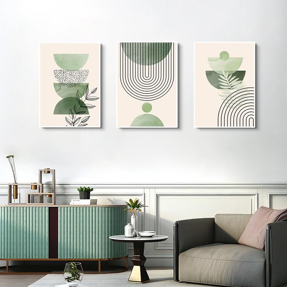 WUHBCZ Canvas Paints-Abstract Geometric Lines Green Plants Canvas Posters Modern Wall Art Home Canvas Painting Poster for Living Room Office Home Decor-60 * 70cm/3PCS (No Frame)