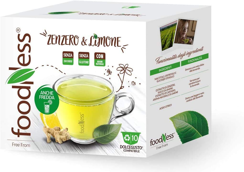 Foodness - 60 cápsulas de jengibre y limón, compatibles con Dolce Gusto, sin gluten (6 cajas)