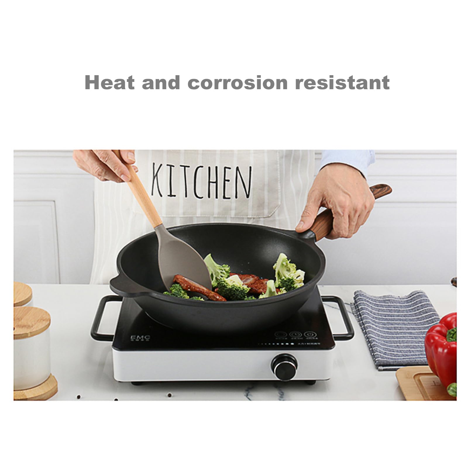 Küchenhelfer Set, 10 Stück Silikon Kochutensilien Kochbesteck Set, Hitzebeständiger Kochgeschirr Mit Aufbewahrungseimer,Antihaft Kochset Küchenutensilien Mit Holzgriff, Tongs, Whisk, Spatula