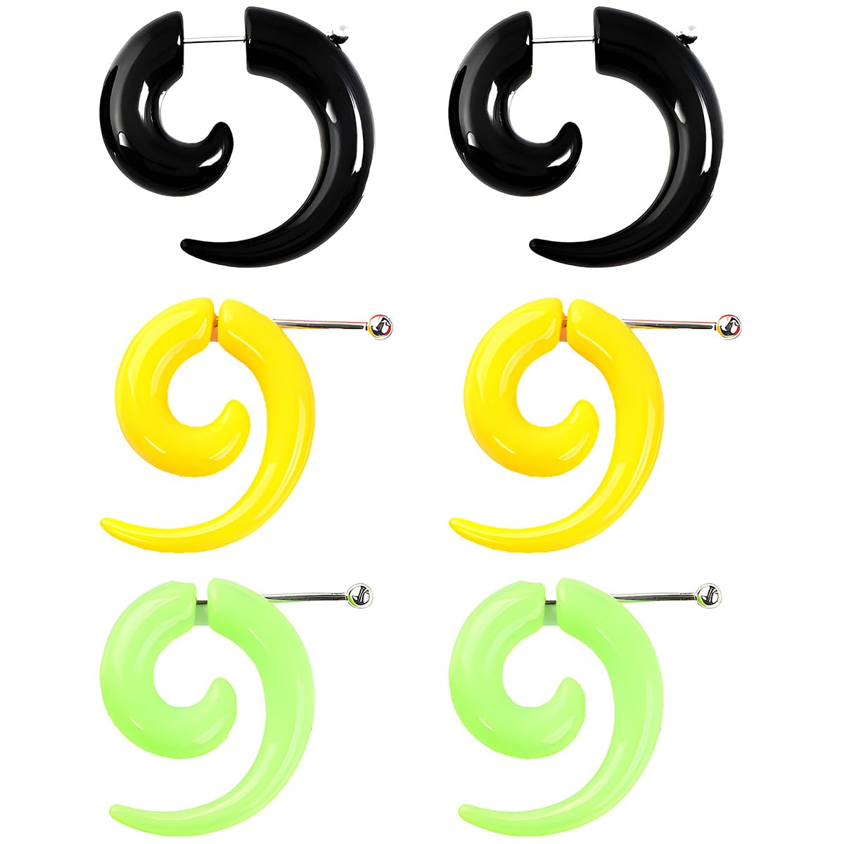 Juego de 3 pares de dilatadores falsos de 3 mm (8 G), color rojo, morado, rosa, acrílico, espiral, tribal, dilatador, dilatador, dilatador, dilatador, dilatador, dilatadores, pendientes y tapones para