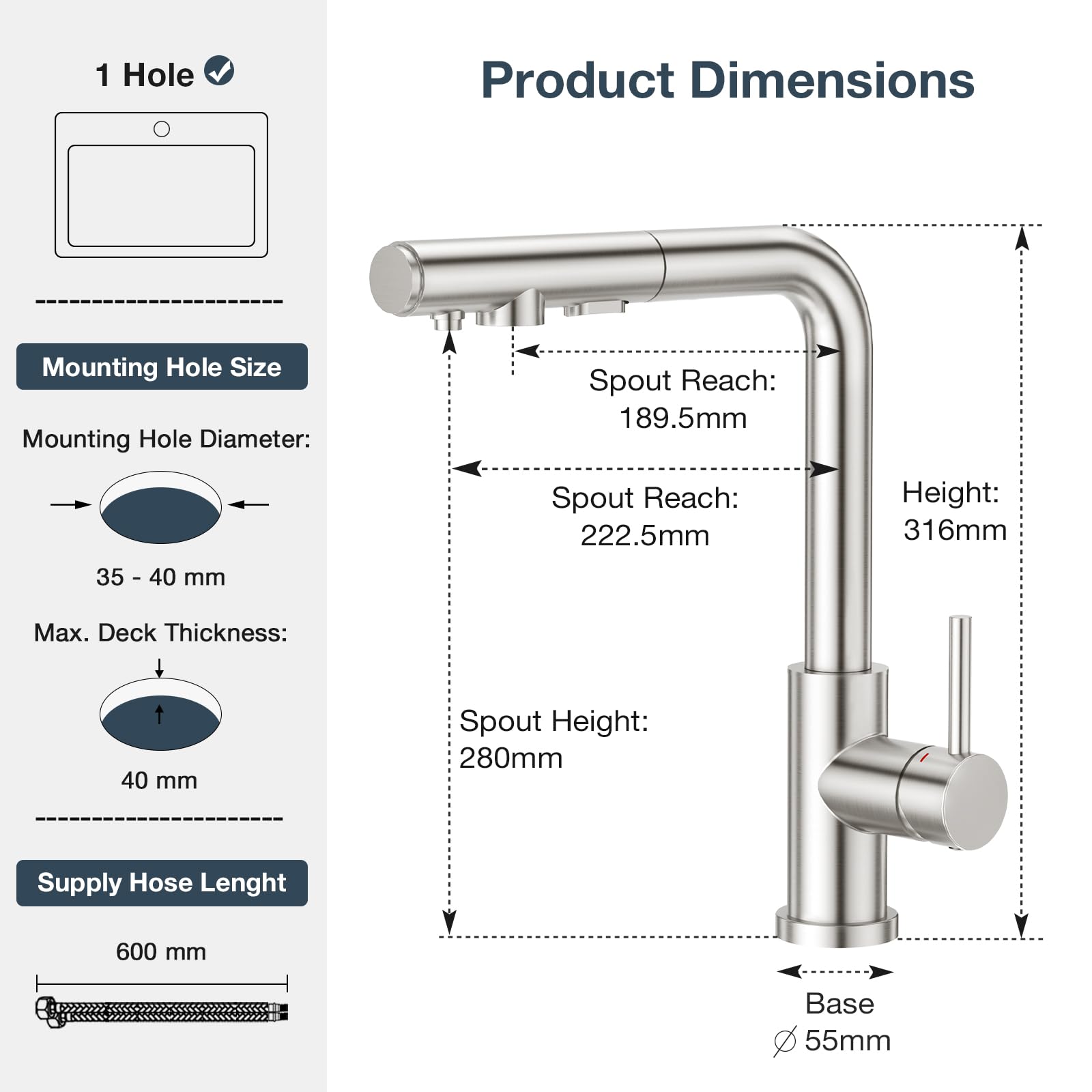 Grifo para Fregaderode Cocina de 3 Vías con Ducha extensible de 3 Funciones, Grifo de Cocina para Filtro de Agua, Sistemas de Ósmosis, Acero inoxidable cepillado