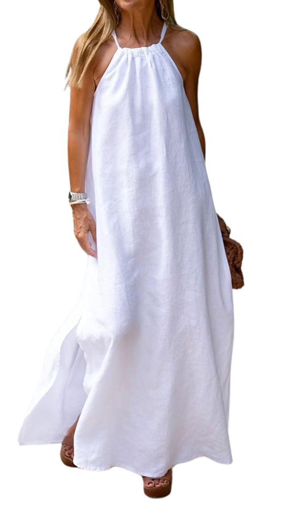 CHARTOU Women Halter Neck Side Slit Linen Maxi Dress Long Summer Beach Vacation Dress