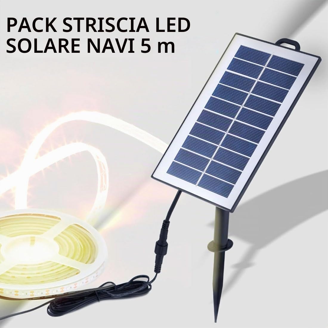 M Ledme - Striscia LED solare esterna giardino 5 metri con telecomando, IP68 sommergibile, 300 LED, luce LED bianco caldo, con kit di installazione per piastra solare, per giardino, casa, decorativa