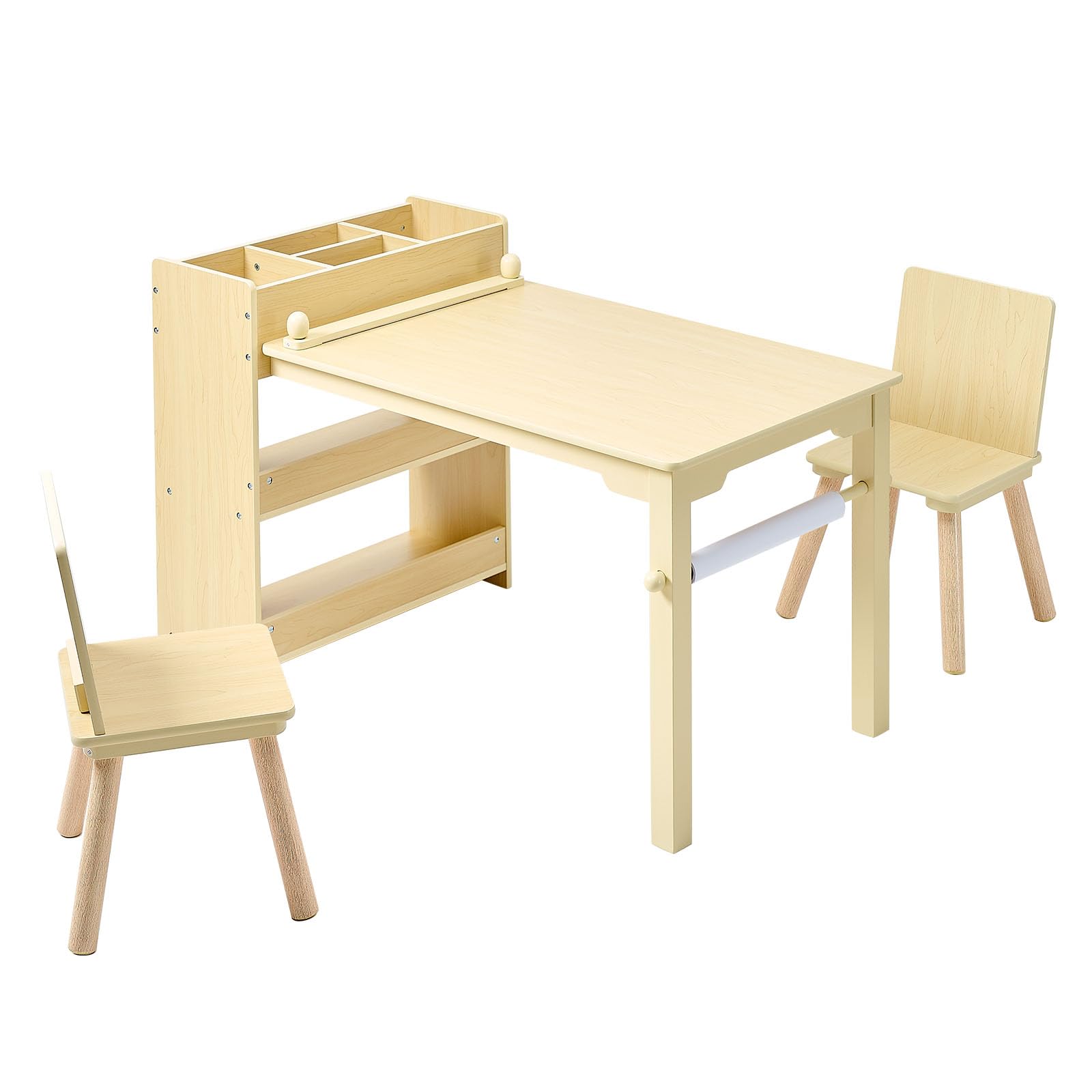 VEVOR Table d'art pour Enfants avec 2 Chaises, Bureau d'Activité avec Étagères de Rangement 3 Niveaux, Kit en Bois pour Tout-Petits, pour Lecture Dessin Bricolage Apprentissage Écriture, Bois Clair