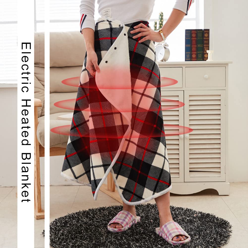 Couverture chauffante électrique USB à carreaux en polaire avec fermeture à pression,Poncho confortable pour la maison, le bureau, les voyages, 3 réglages de température et minuterie (140x80 cm)