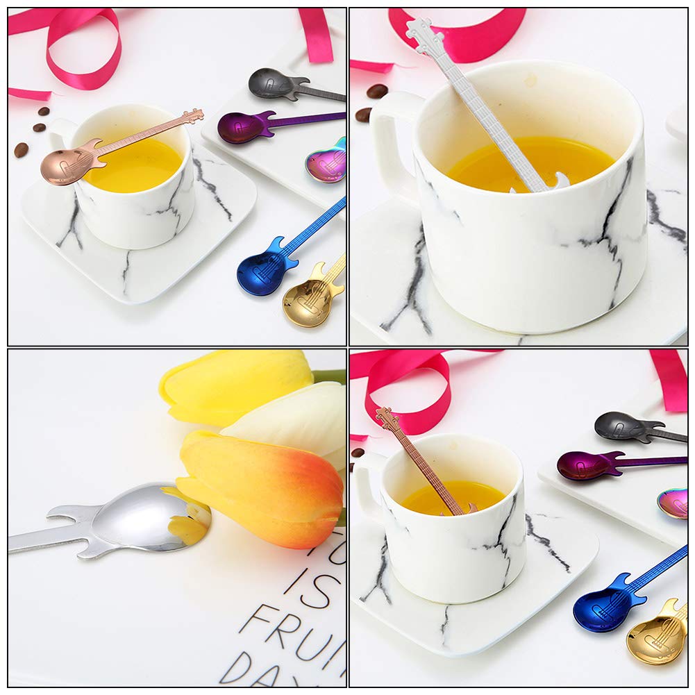 Set De 7 Cuillères à Café En Acier Inoxydable - Forme Guitare Multicolore - Pour Dessert, Café