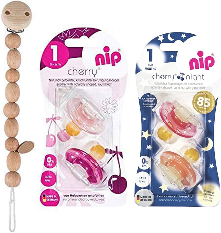 NIP Cherry round dummies for girls, set of 4, size 1, 0-6 months, cream/pink and purple/red