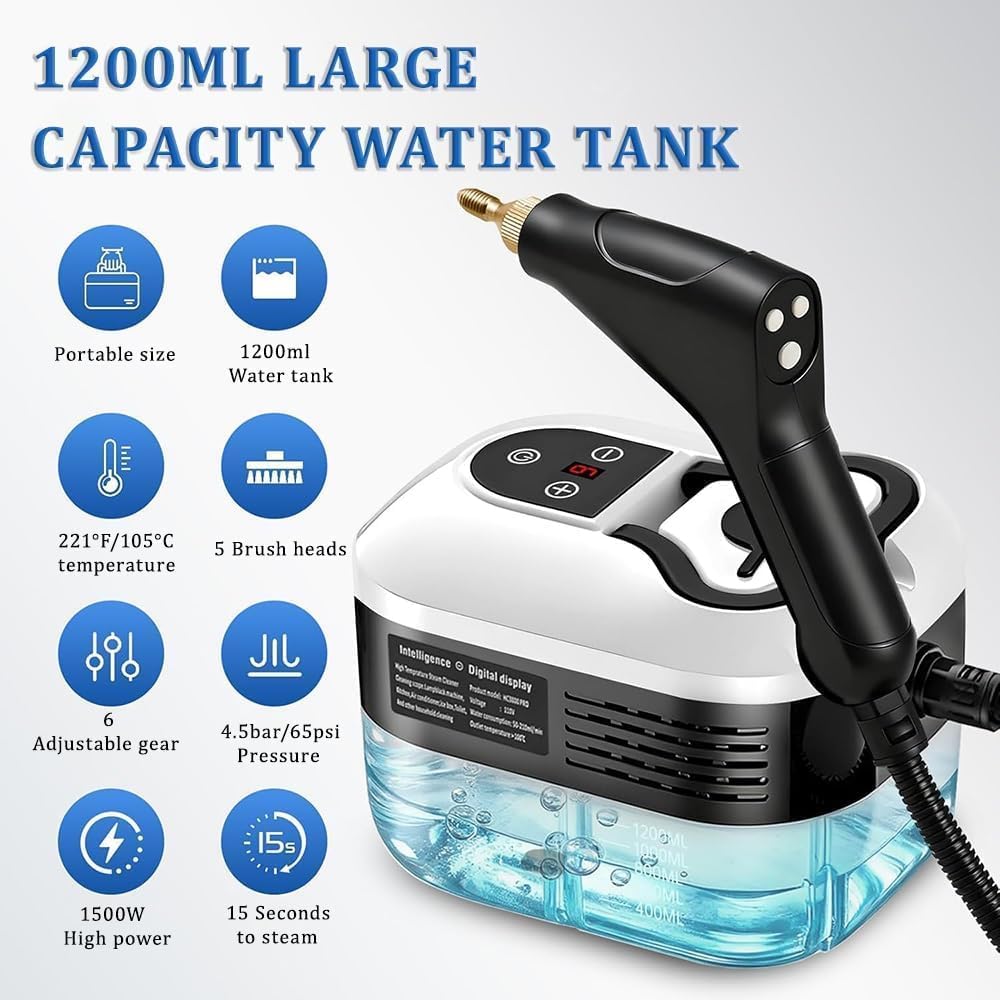 Portable High Pressure Steam Cleaner - Cordless, 1.2l Tank, 6 Adjustable Steam Levels, 105°c, 4 Versatile Attachments for Deep Cleaning Red