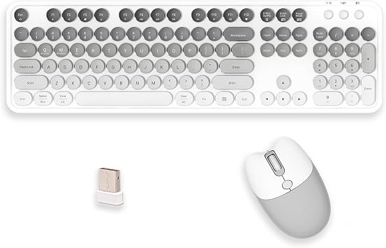 2.4G Full Size Wireless Keyboard and Mouse Combo, Bluetooth/2.4G Dual Mode, Typewriter Style Round Keycap, Cute Gradient Colors, Compatible with PC/Notebook/Tablet/Smartphone Gray White