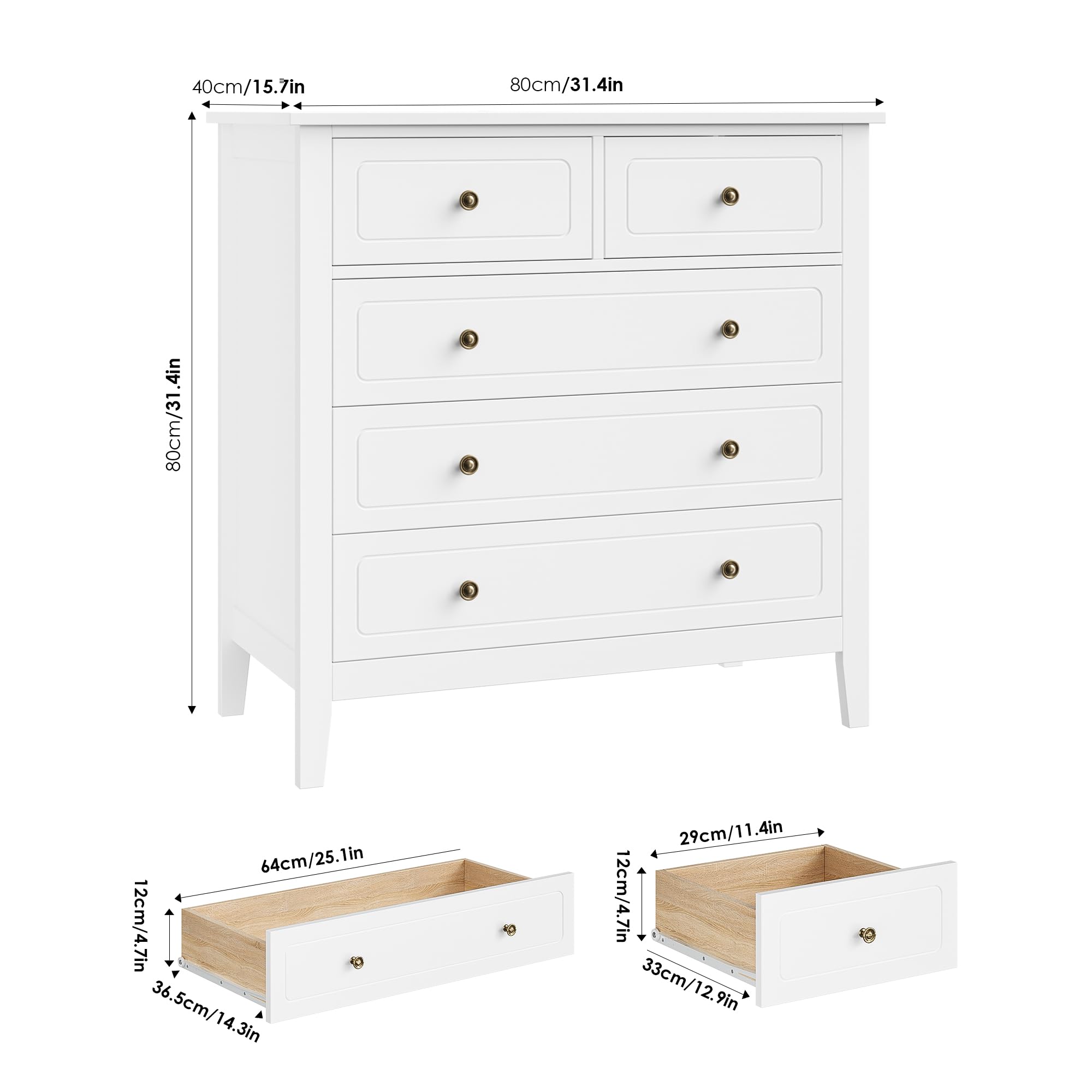 FOREHILL 80cm Cómoda con 5 Cajones, Cómodas y Cajoneras, Cajonera Blanca | Cómoda Dormitorio, Mueble Almacenaje para Dormitorio, Salón, Moderno, Blanco, 40x80x80cm