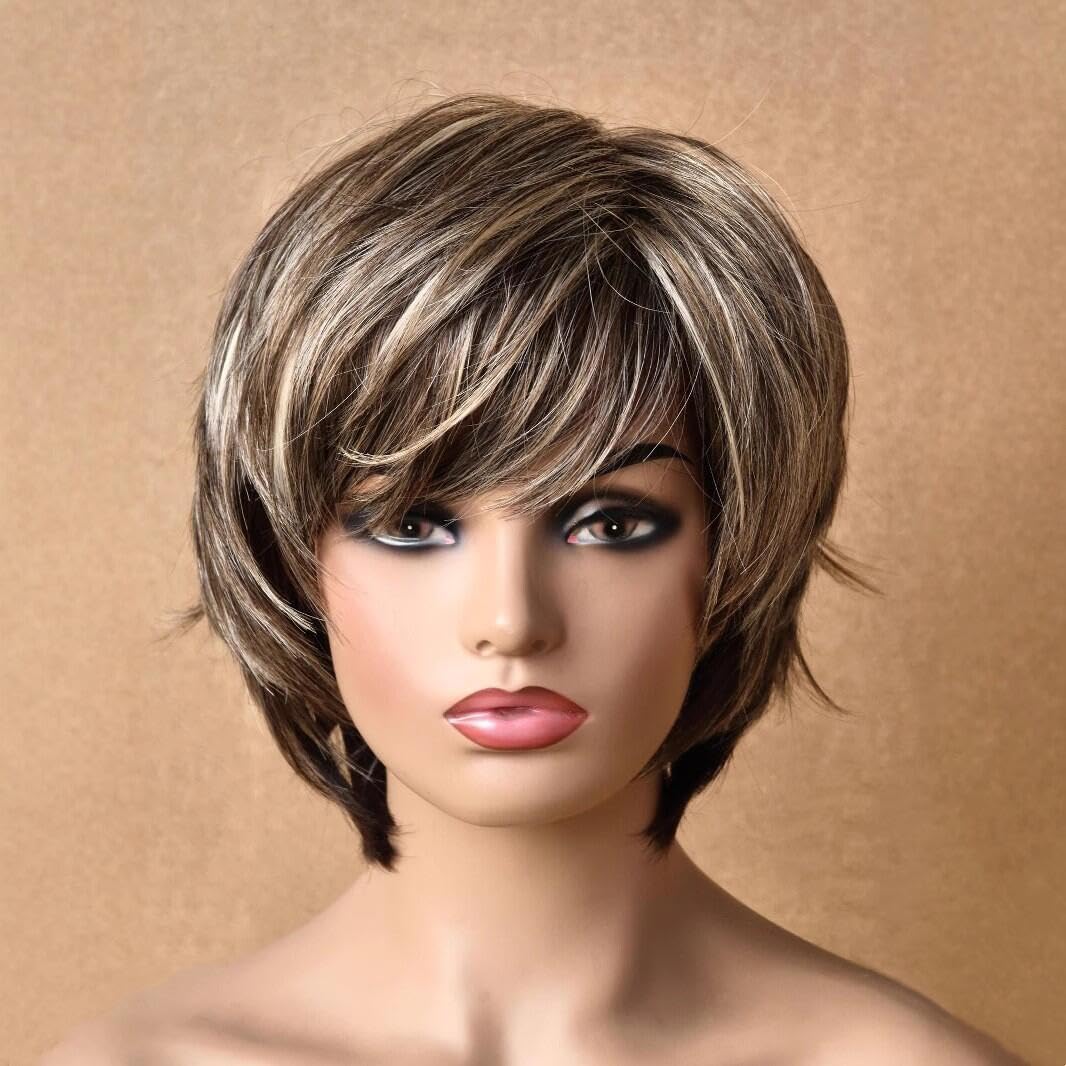 Pelucas sintéticas cortas y rizadas de corte pixie con gorro de peluca para mujer (Castaño Rubio Mixto)